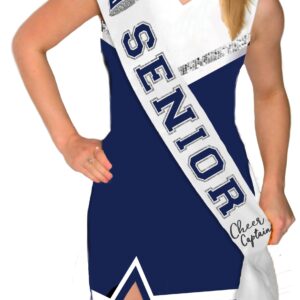 Cheer Captain Gifts - Navy Blue with Silver Sparkle Outline Cheer Captain Senior White Premium Grade Satin Sash - High School Cheerleader Supplies - White Sash (Cheer Capt) NVY w/SLV