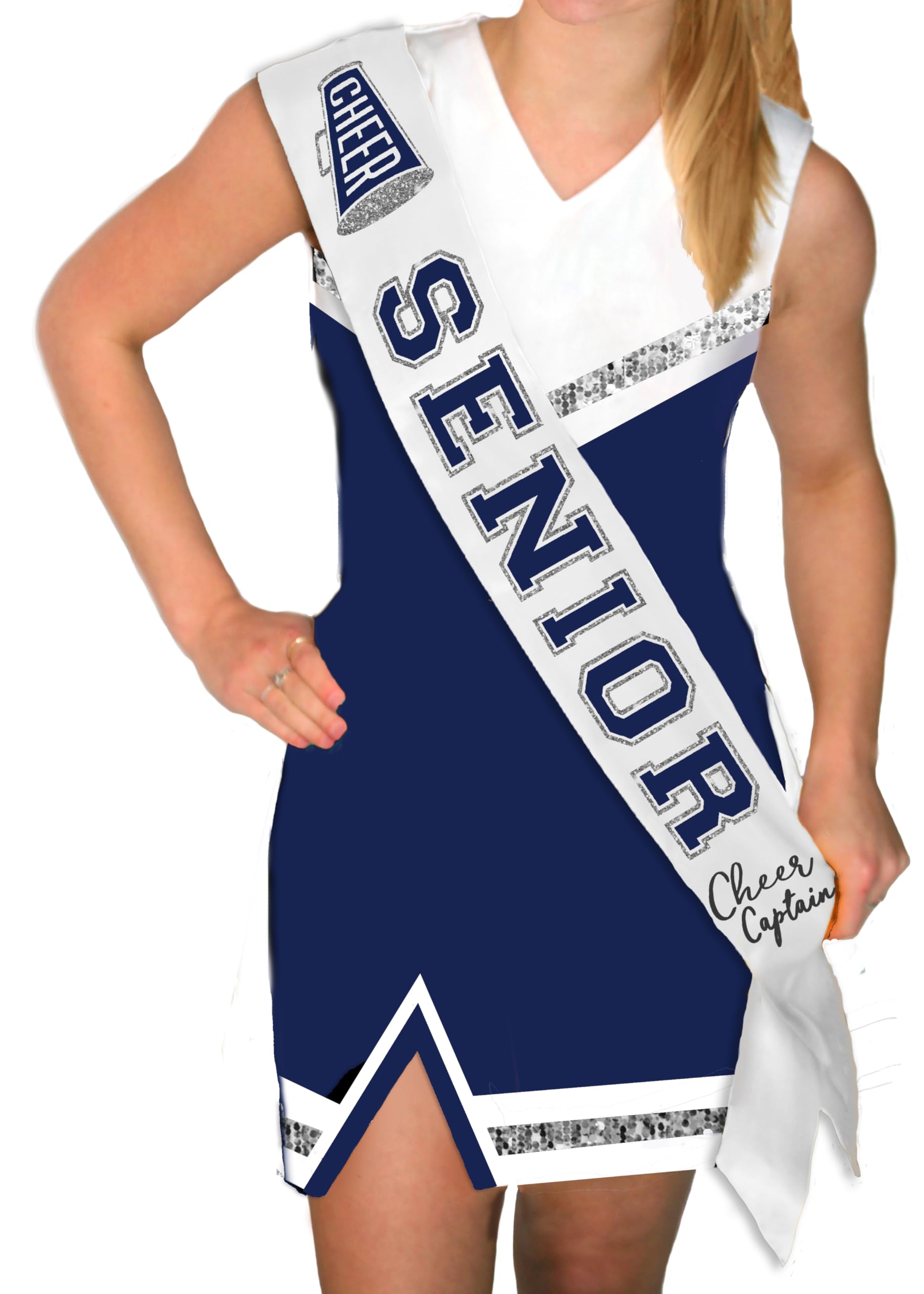 Cheer Captain Gifts - Navy Blue with Silver Sparkle Outline Cheer Captain Senior White Premium Grade Satin Sash - High School Cheerleader Supplies - White Sash (Cheer Capt) NVY w/SLV