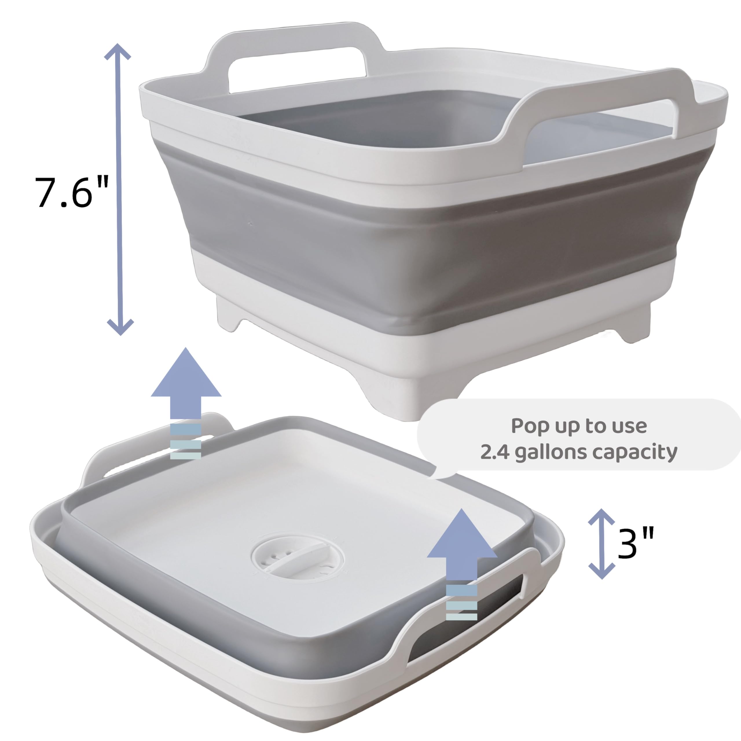 GIMWA Collapsible Wash Basin for Baby Bottles with Drain Plug, 2.4 Gallons Space-Saving Camping Sink for RV, Collapsible Dish Tub (Gray)