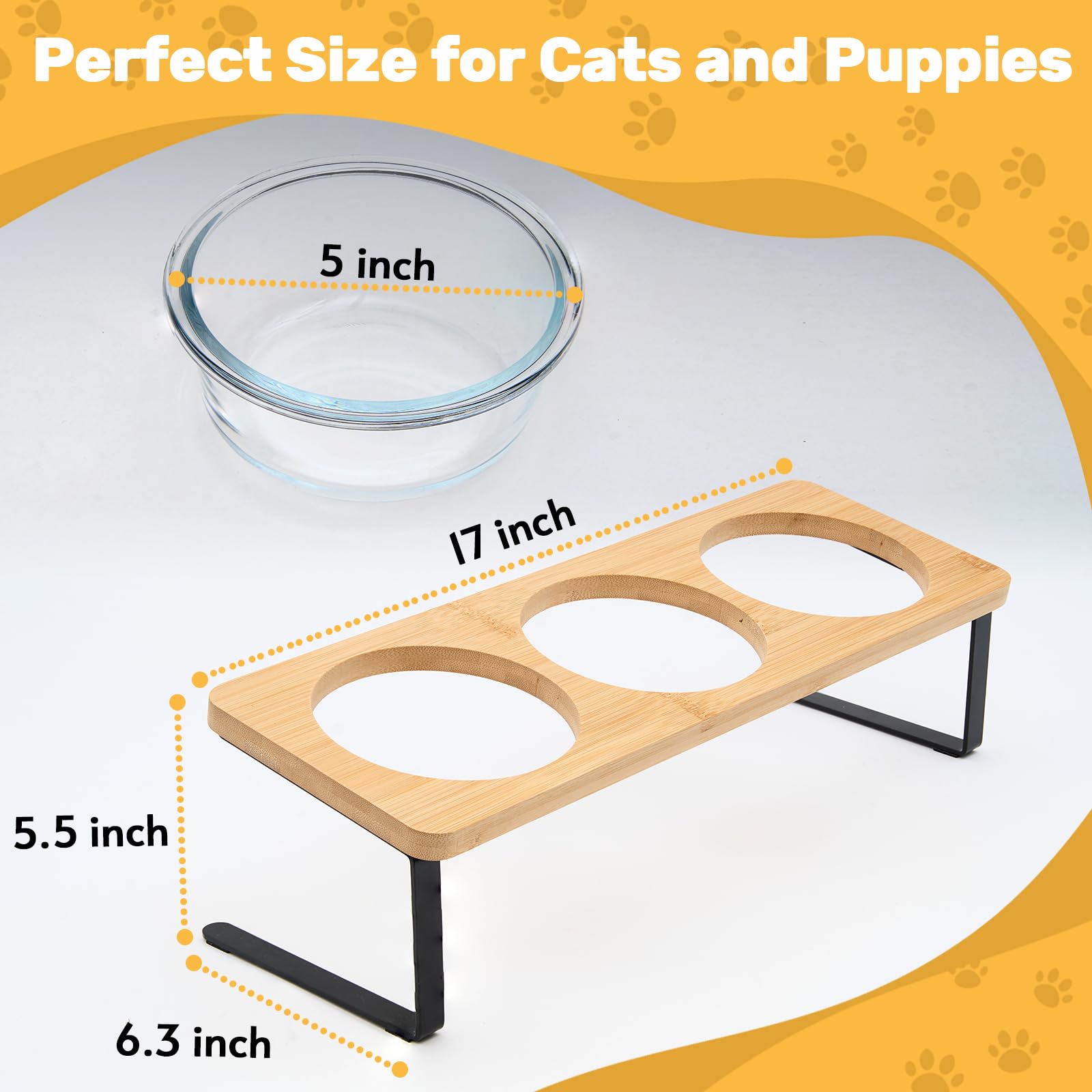 Lawfery Elevated Cat Bowls, 15° Tilted Cat Food Bowl, Includes 3 Glass Cat Bowls, Bamboo Board, and Metal Stand for Cats and Puppies