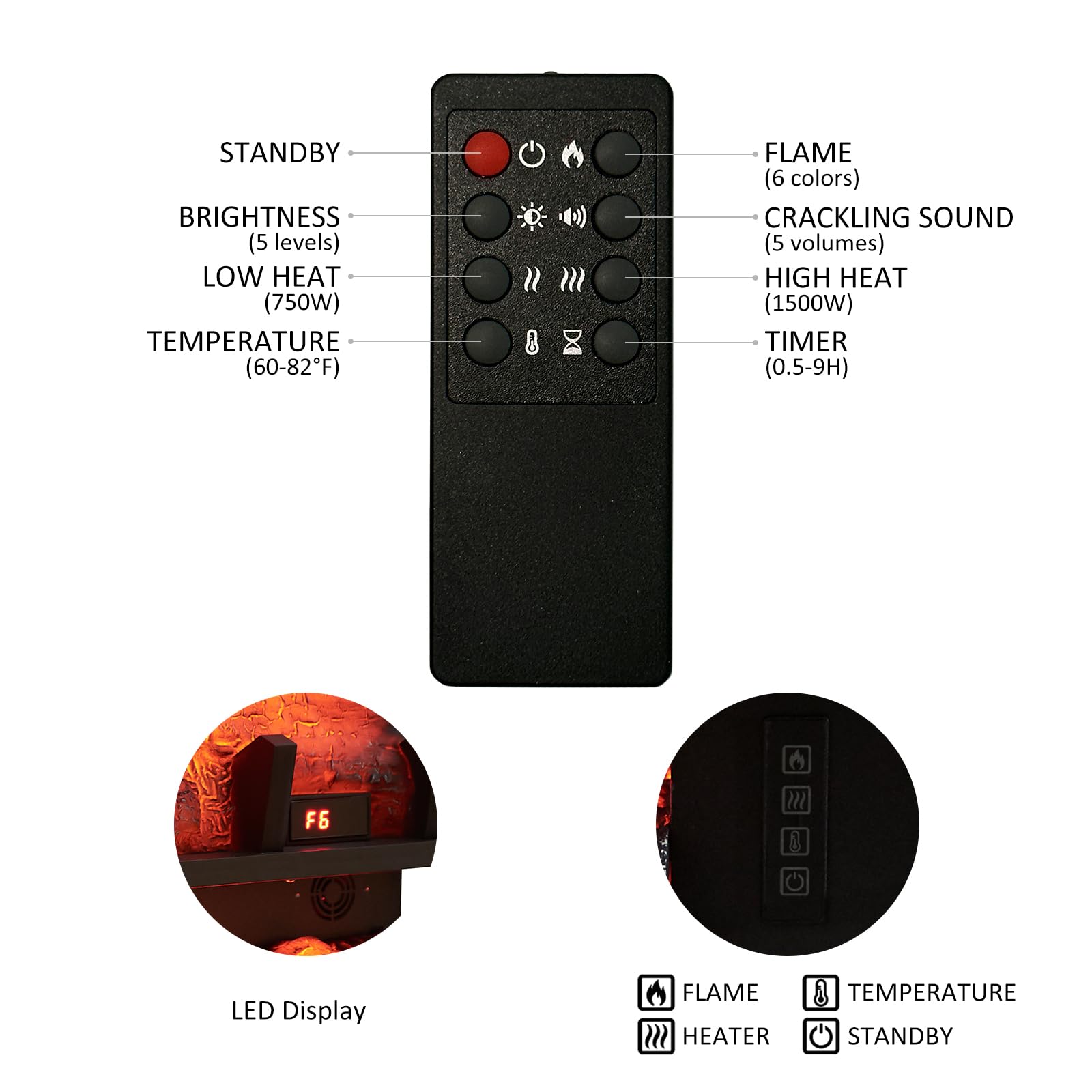 PuraFlame 24" Free Standing Electric Fireplace Log Set Insert, 750W/1500W Heater, 6 Flame Colors with 5 Brightness, Crackling Sound, Remote Control