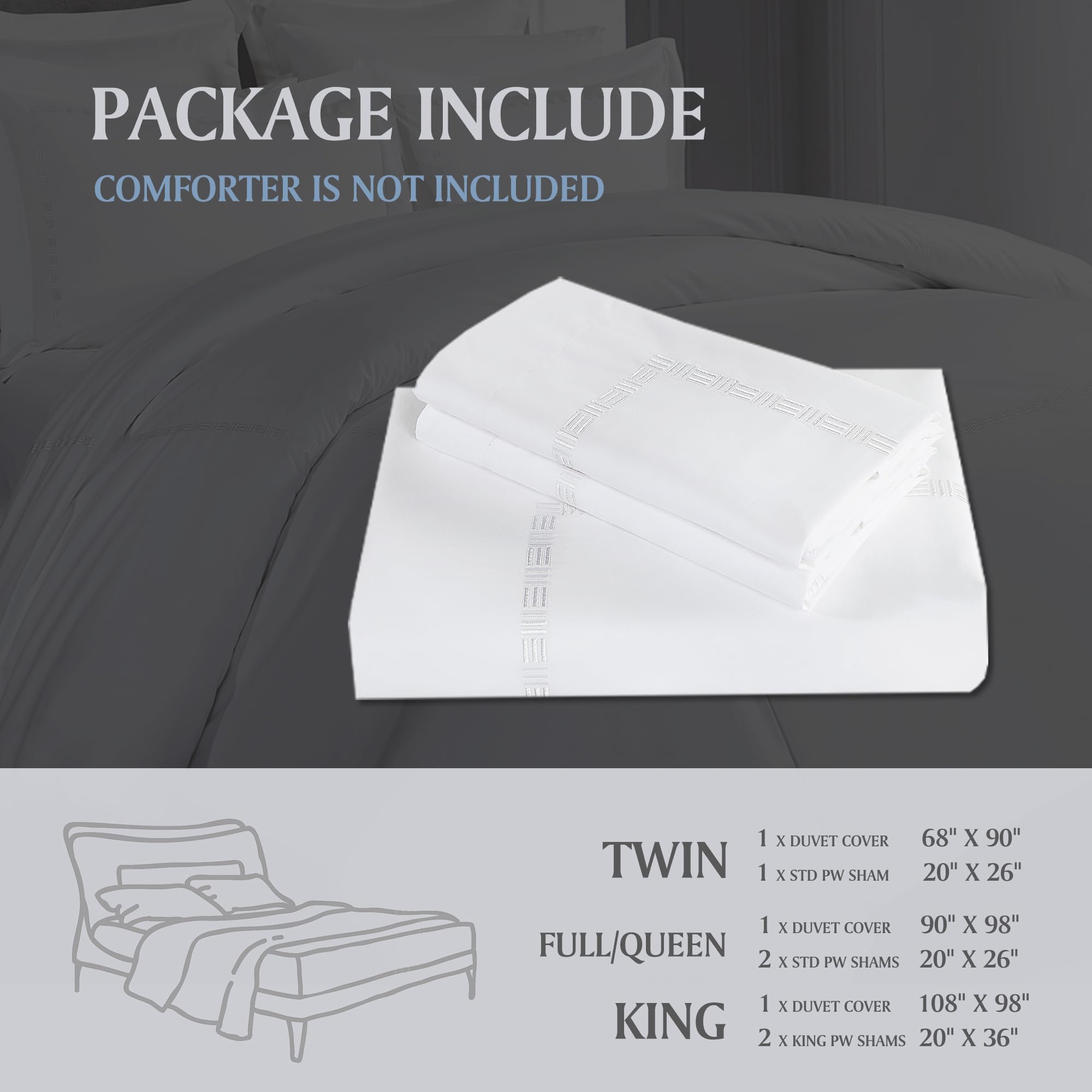 Hotel Grand White Duvet Cover Set King Size - Tencel Cotton Blend Comforter Cover 3 Pieces with Colored Embroidery, 1 Duvet Cover 108" x 98" with Button Closure and 2 Pillow Shams