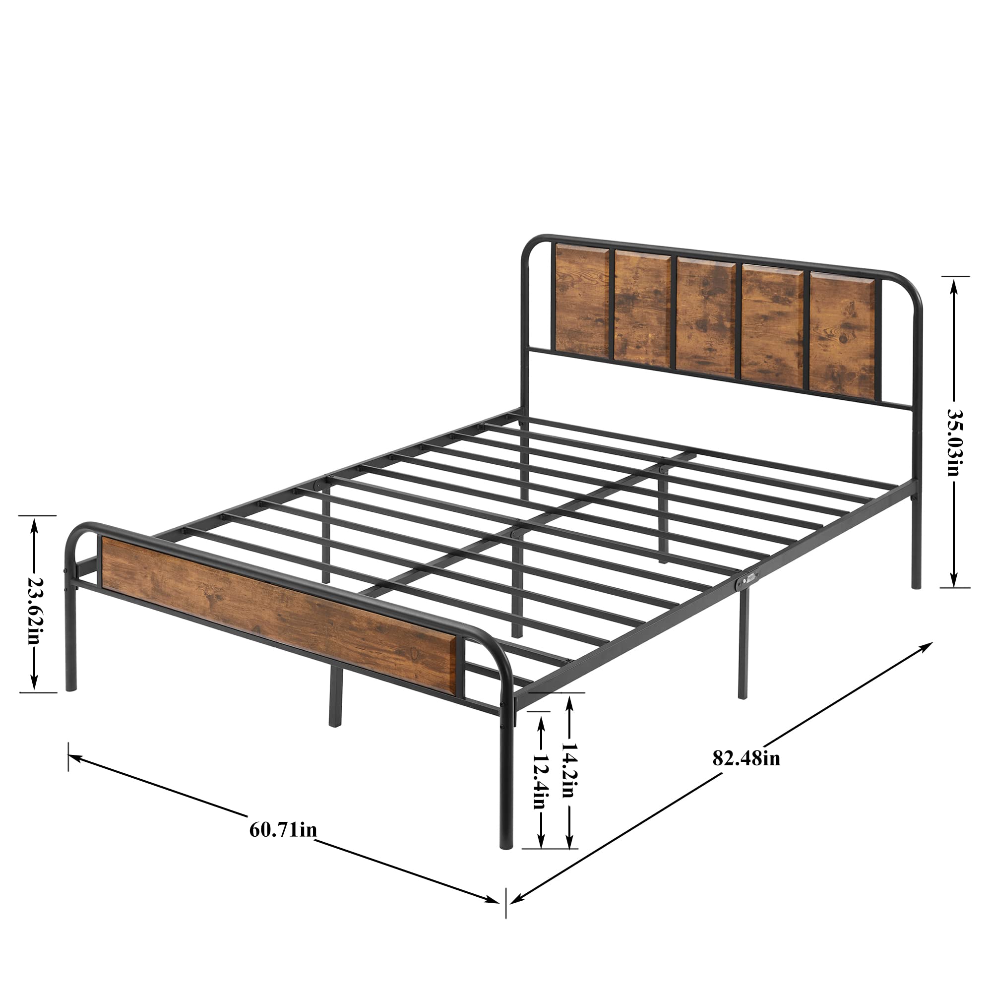 VECELO Queen Bed Frame Metal Platform with Wooden Headboard & Footboard Mattress Foundation Strong Metal Slats Support No Box Spring Replacement/Easy Assemble