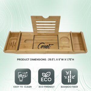 Cosset Bathtub Tray - Expandable Bamboo Bathroom Tray for Women and Men - Soap Dish, Book, Phone & Tablet Holder, Wine Glass Slot - Relaxing Bath Caddy for Spa and Shower