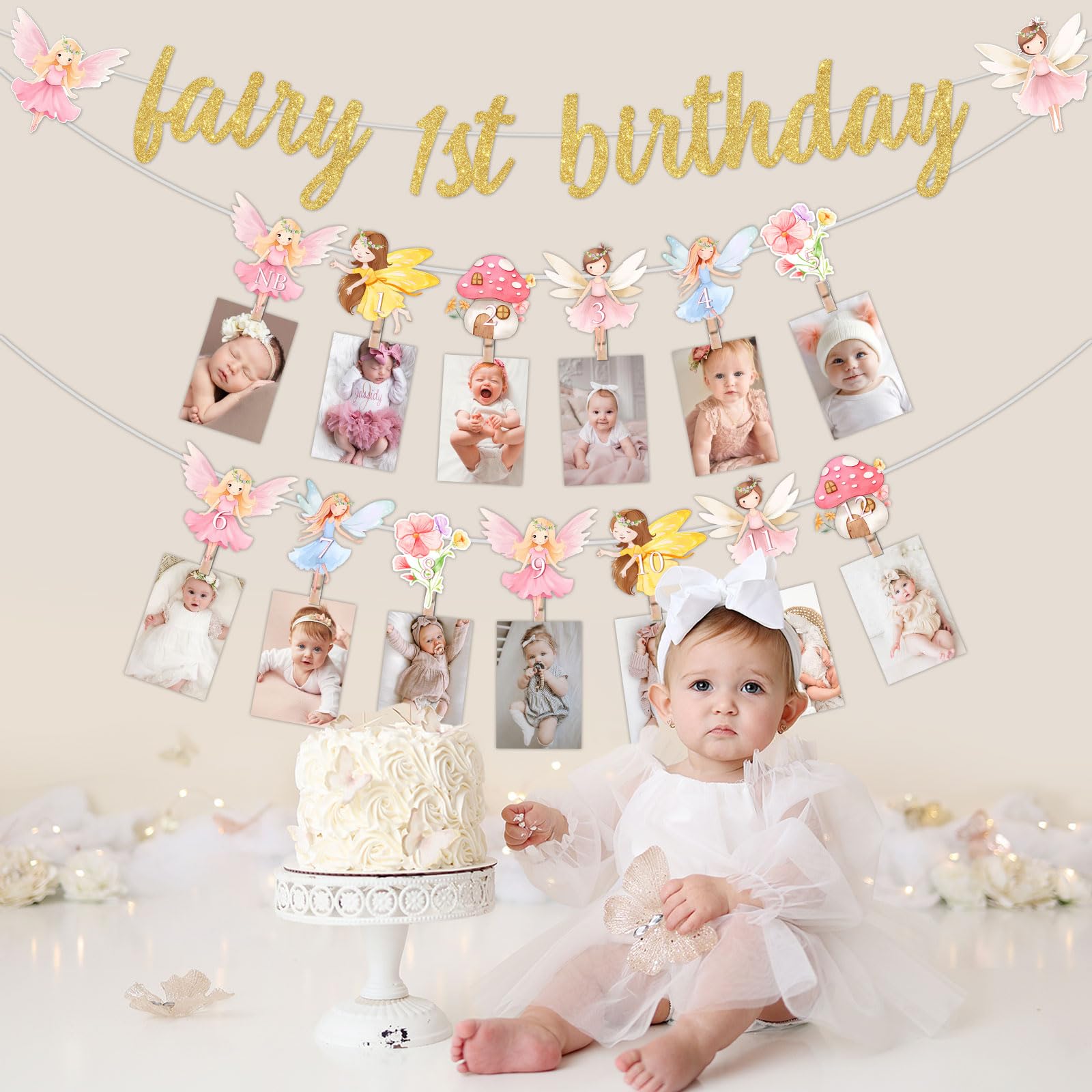 My Fairy First Birthday Decorations - Fairy 1st Birthday Glitter Banner and Monthly Photo Banner, Fairy One Year Old Birthday Decorations for Girl, Floral Fairy 1st Birthday Party Supplies