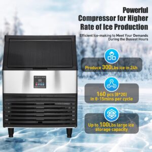 Commercial Ice Maker Machine, 300LBS/24H with 100LBS Large Storage Bin, 160Pcs Clear Cube Ice for Restaurant Bar, Self Cleaning Freestanding Ice Maker