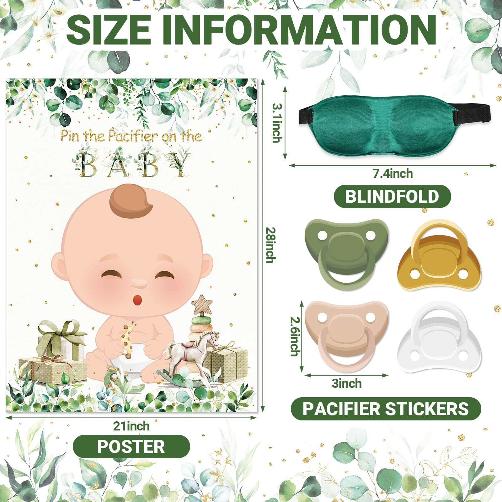 Faccito Pin The Pacifier on The Baby Party Games Sage Green Baby Shower Decorations Pin Pacifier on Baby Game with 24 Pacifier Stickers Game Blindfold for Baby Shower Birthday Party Supplies(Fair)