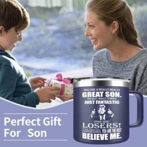 TIKMODERN Funny Son Mug Gifts for Son on Fathers Day from Mom Dad - 14oz Great Son Stainless Steel Coffee Mug - Christmas Birthday Present for Adult Son