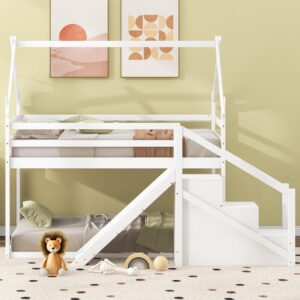 BestLM Twin Over Twin Wood House Bunk Bed with Slide and Storage Staircase, Twin Size House Loft Bed Frame with Roof and Safety Guardrails for Boys and Girls, White