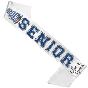 cheer captain gifts - navy blue with silver sparkle outline cheer captain senior white premium grade satin sash - high school cheerleader supplies - white sash (cheer capt) nvy w/slv