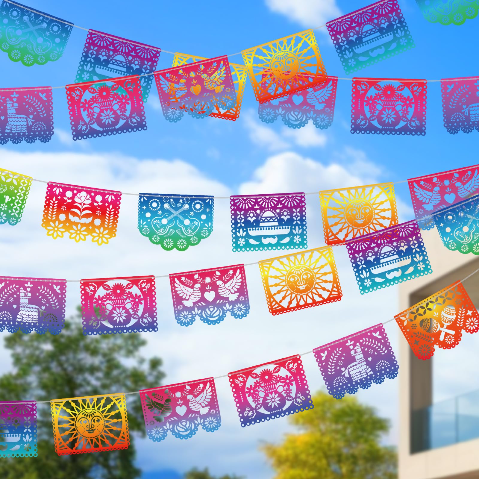 Qpout 5 Packs Mexican Party Banners Iridescent Plastic Papel Picado Banner Cinco de Mayo Decor Fiesta Garland for Dia De Los Muertos Decor,Fiesta Birthday Baby Shower Party Decorations Flags