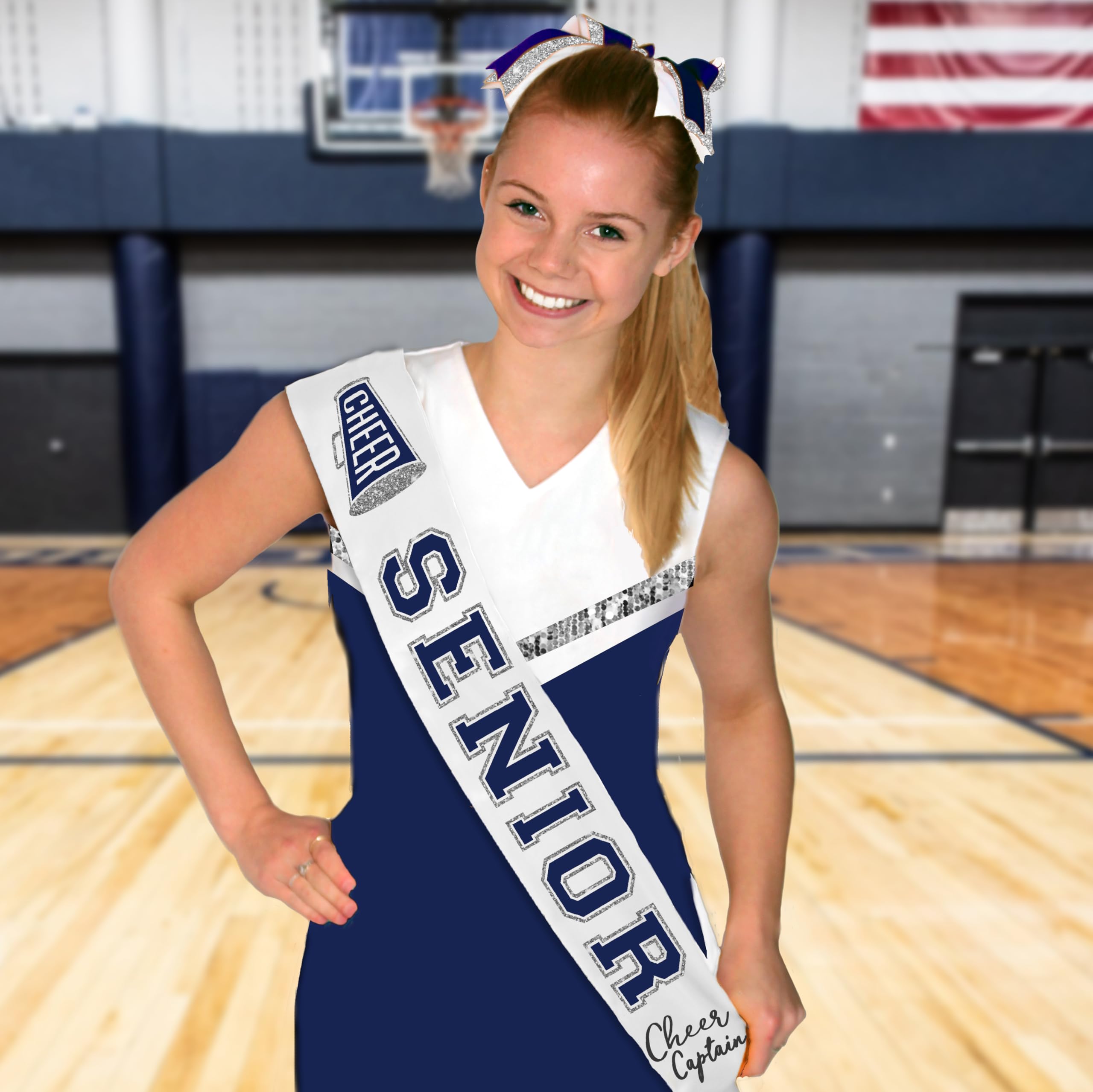 Cheer Captain Gifts - Navy Blue with Silver Sparkle Outline Cheer Captain Senior White Premium Grade Satin Sash - High School Cheerleader Supplies - White Sash (Cheer Capt) NVY w/SLV