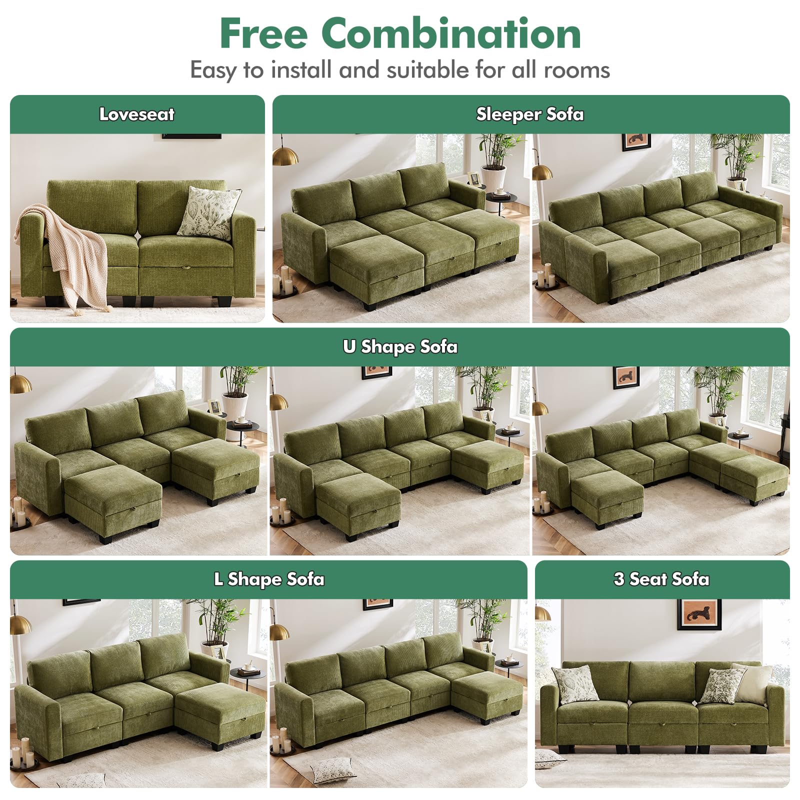 ABCASA 118" Modular Sectional Couches for Living Room, No Compressed No Sagging, 6 Seat Sofa Couch with Storage, Easy to Install - Corduroy Green