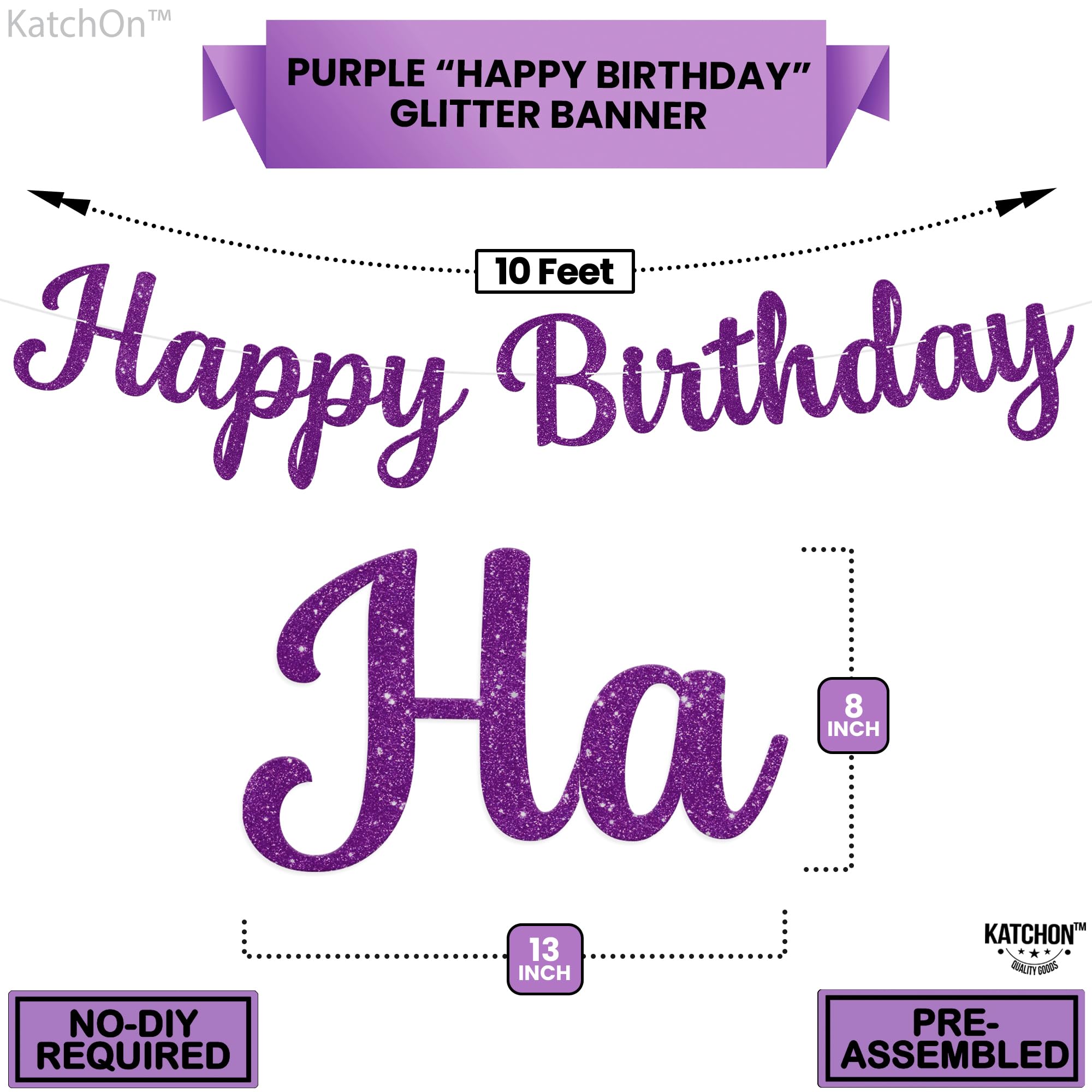 KatchOn, Glitter Happy Birthday Banner Purple - Prestrung, 10 Feet | Cursive Purple Happy Birthday Sign, Purple Birthday Decorations for Women | Purple Birthday Banner for Purple Party Decorations