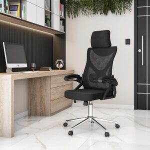 Techni Mobili Essential Ergonomic Office Chair with Lumbar Support & Adjustable Headrest – Breathable Mesh Office Chair with Flip-Up Armrests, Durable Chrome Base - Black