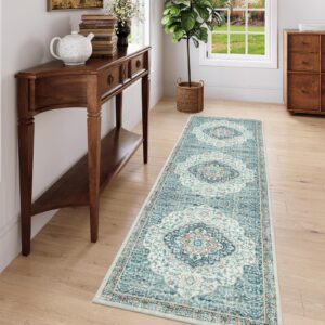 Beeiva Oriental Long Hallway Runner Rug Washable, 2.5x8 Low Pile Carpet Runner Rug Non Slip, Blue Rug with Rubber Backing Kitchen Runner Rug for Bedroom Entryway Laundry Room