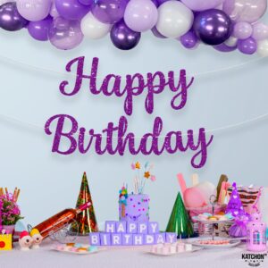 KatchOn, Glitter Happy Birthday Banner Purple - Prestrung, 10 Feet | Cursive Purple Happy Birthday Sign, Purple Birthday Decorations for Women | Purple Birthday Banner for Purple Party Decorations