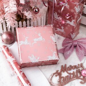 Homeral Pink Christmas Wrapping Paper Roll-46.8 sq.ft. (17in x 33ft) Pink Santa, Sleigh, Reindeer, Snowflake with Metallic Shine for Christmas, New Year Celebration, Party