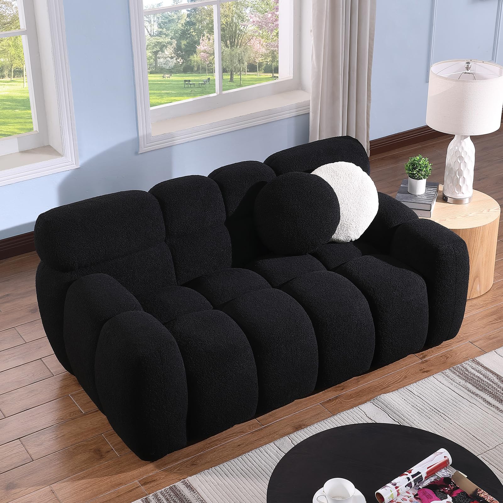 KIVENJAJA Boucle Loveseat Sofa, Sherpa Tufted Cloud Love Seat, Modern Comfy Bubble 2-Seater Deep Seat Small Couch with 2 Pillows for Living Room Apartment Office, 65”W, Black