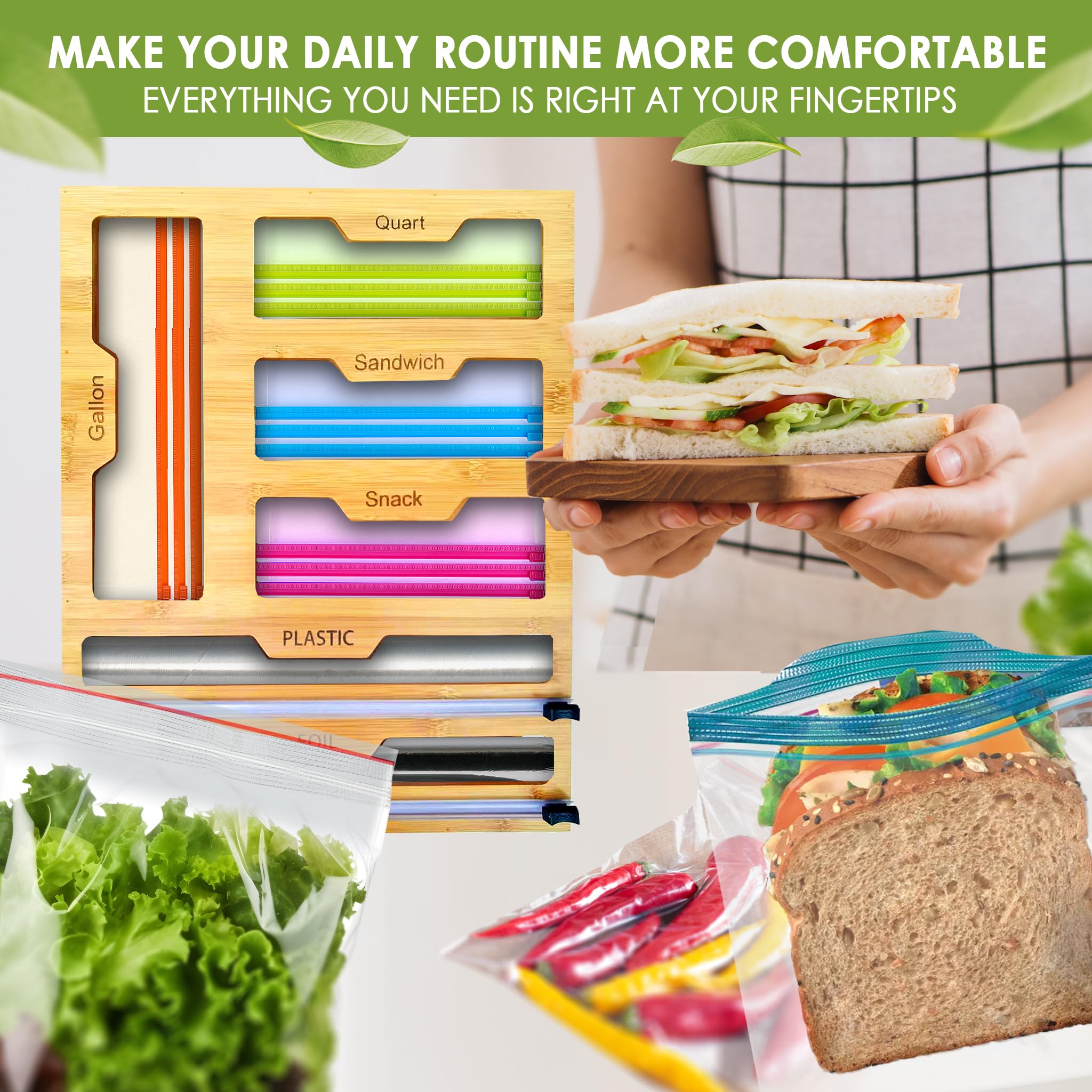 SERHINA Storage Bag Organizer for Kitchen Drawer - Foil and Plastic Wrap Organizer with Cutter - Plastic Bag Organizer - Food Baggie Storage for Sandwich Snack Gallon Quart