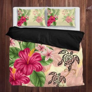 Gearider Pink Tropical Hibiscus Floral Printed Duvet Cover, Mandala Turtle Soft Bedding Set, 3 Pieces, Zipper Closure & 2 Pillow Shams - Size King