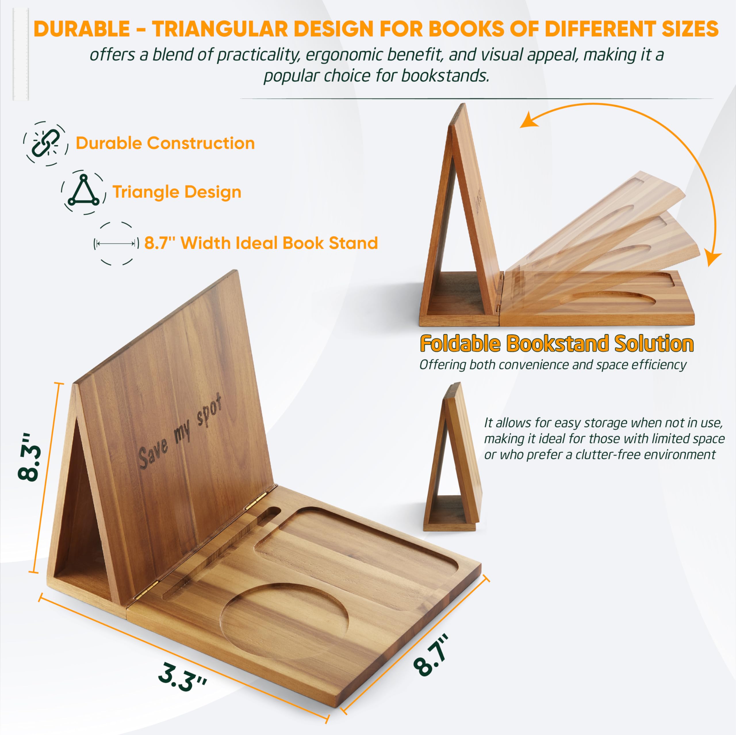 NAGAWOOD Triangle Book Holder, Book Rest, Acacia Foldable Book Nook Reading Valet, Triangle Book Stand with Cup, Pen, Glasses and Phone Holder for Bedroom, Nightstand or Office, Gifts for Book Lover