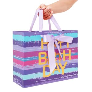 13" Large Purple-blue Multicolor Watercolor Gift Bag Set with Greeting Card and Lavender Tissue Papers (Gold Foil ‘Happy Birthday’) for Women's or Men's Birthday Party, Girls', Boys' or Kids' Party,