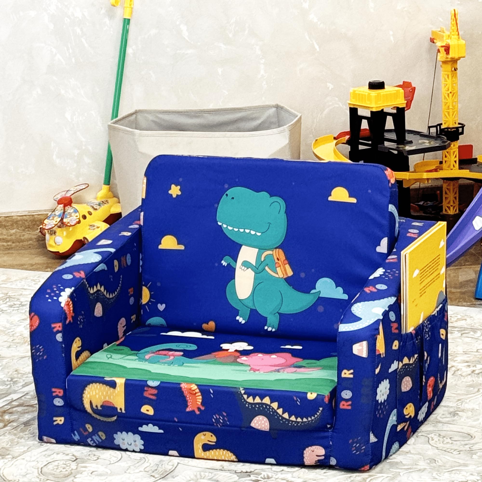 Macardac Toddler Couch, 2-in-1 Waterproof Soft Kids Couch with Dino Plush Pillow, Fold Out Toddler Sofa,Toddler Chair Comfy for Boys and Girls, Baby Sofa, Convertible Sofa to Lounger Bed, 1-Seat