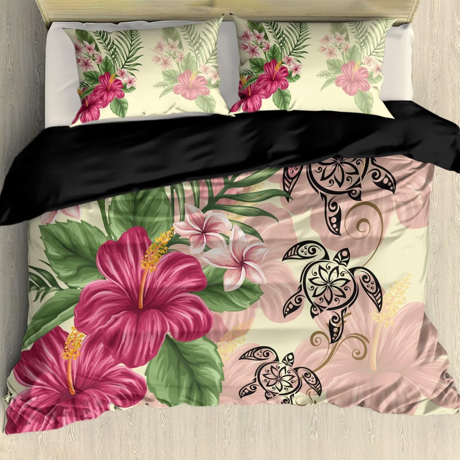 Gearider Pink Tropical Hibiscus Floral Printed Duvet Cover, Mandala Turtle Soft Bedding Set, 3 Pieces, Zipper Closure & 2 Pillow Shams - Size King