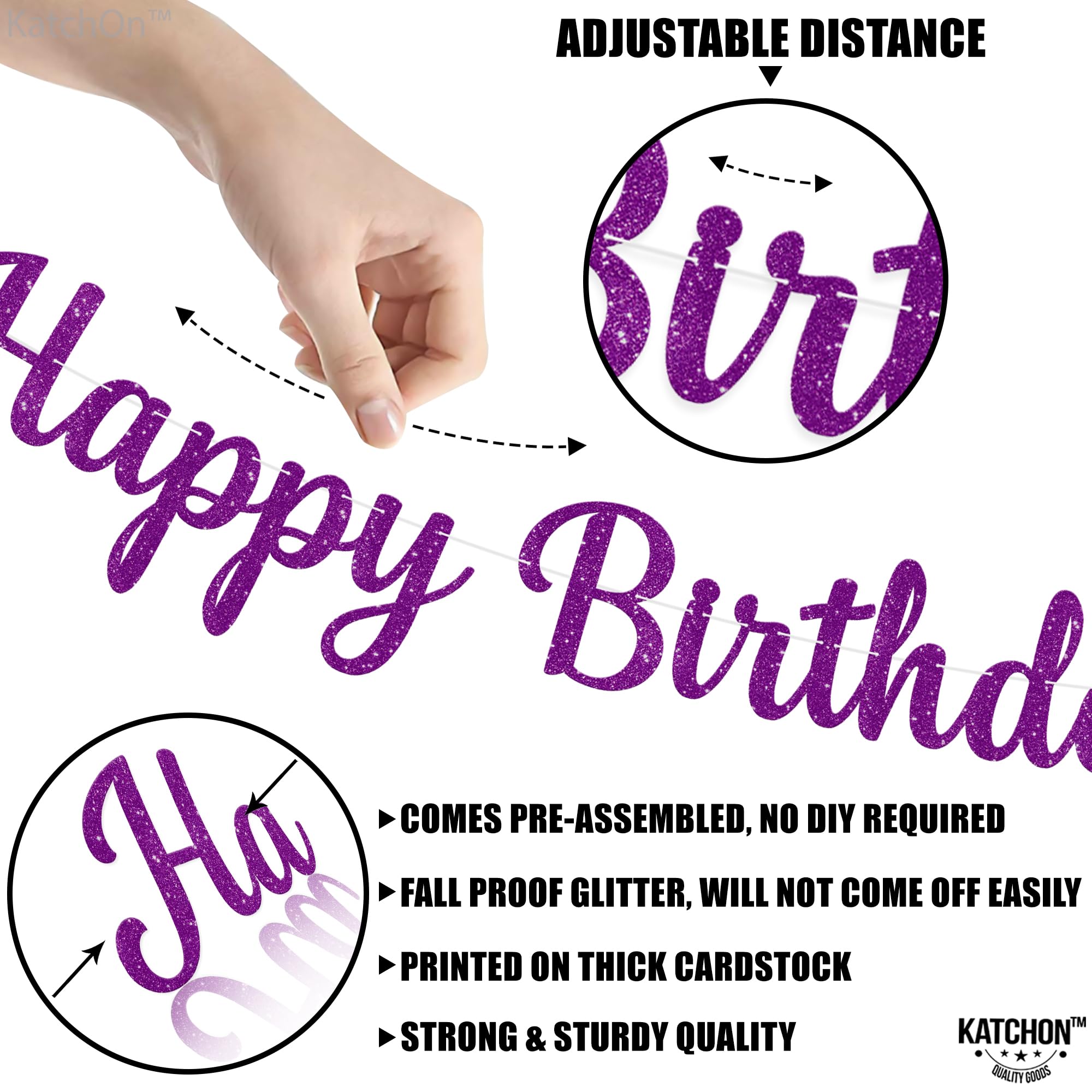 KatchOn, Glitter Happy Birthday Banner Purple - Prestrung, 10 Feet | Cursive Purple Happy Birthday Sign, Purple Birthday Decorations for Women | Purple Birthday Banner for Purple Party Decorations