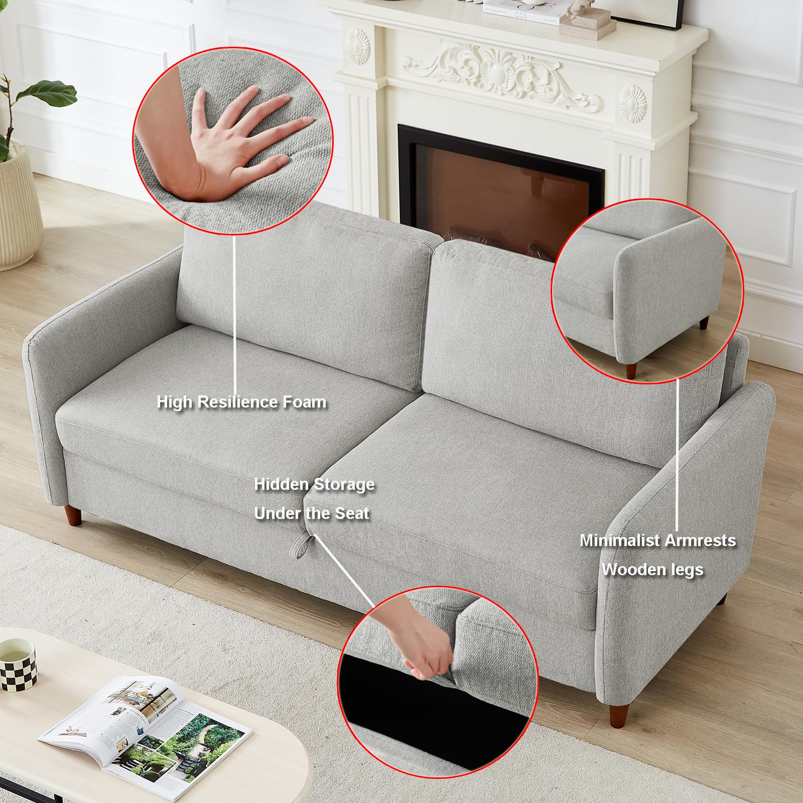 HOLYFIND Modern Loveseat Sofa Couch with Storage,Upholstered Small Couch,Mini Couch Furniture for Bedroom, Apartment, Office and Small Spaces(Light Gray, 56.5''-2seat)