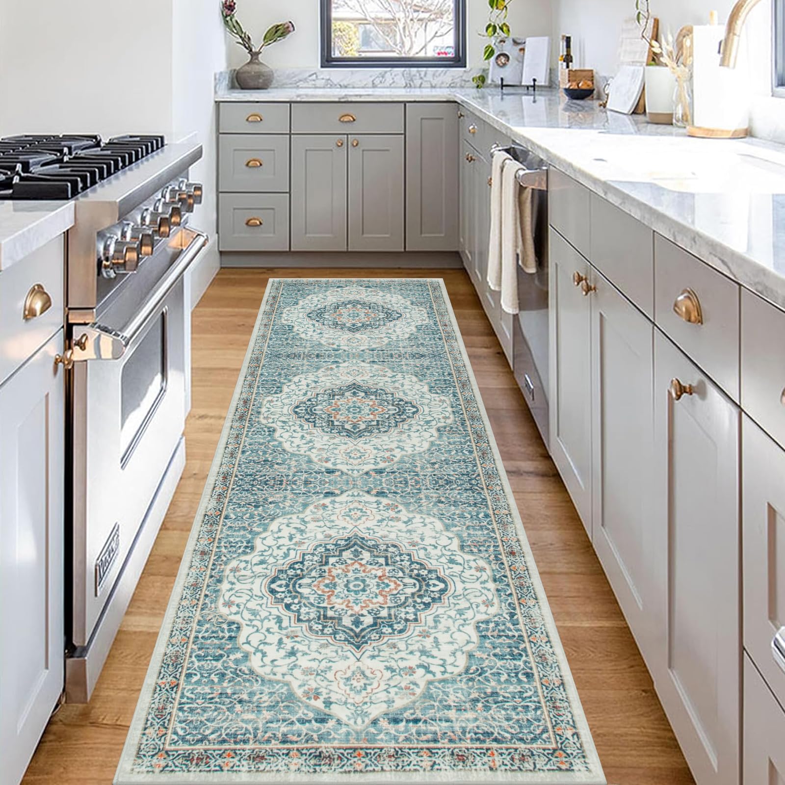 Beeiva Oriental Long Hallway Runner Rug Washable, 2.5x8 Low Pile Carpet Runner Rug Non Slip, Blue Rug with Rubber Backing Kitchen Runner Rug for Bedroom Entryway Laundry Room