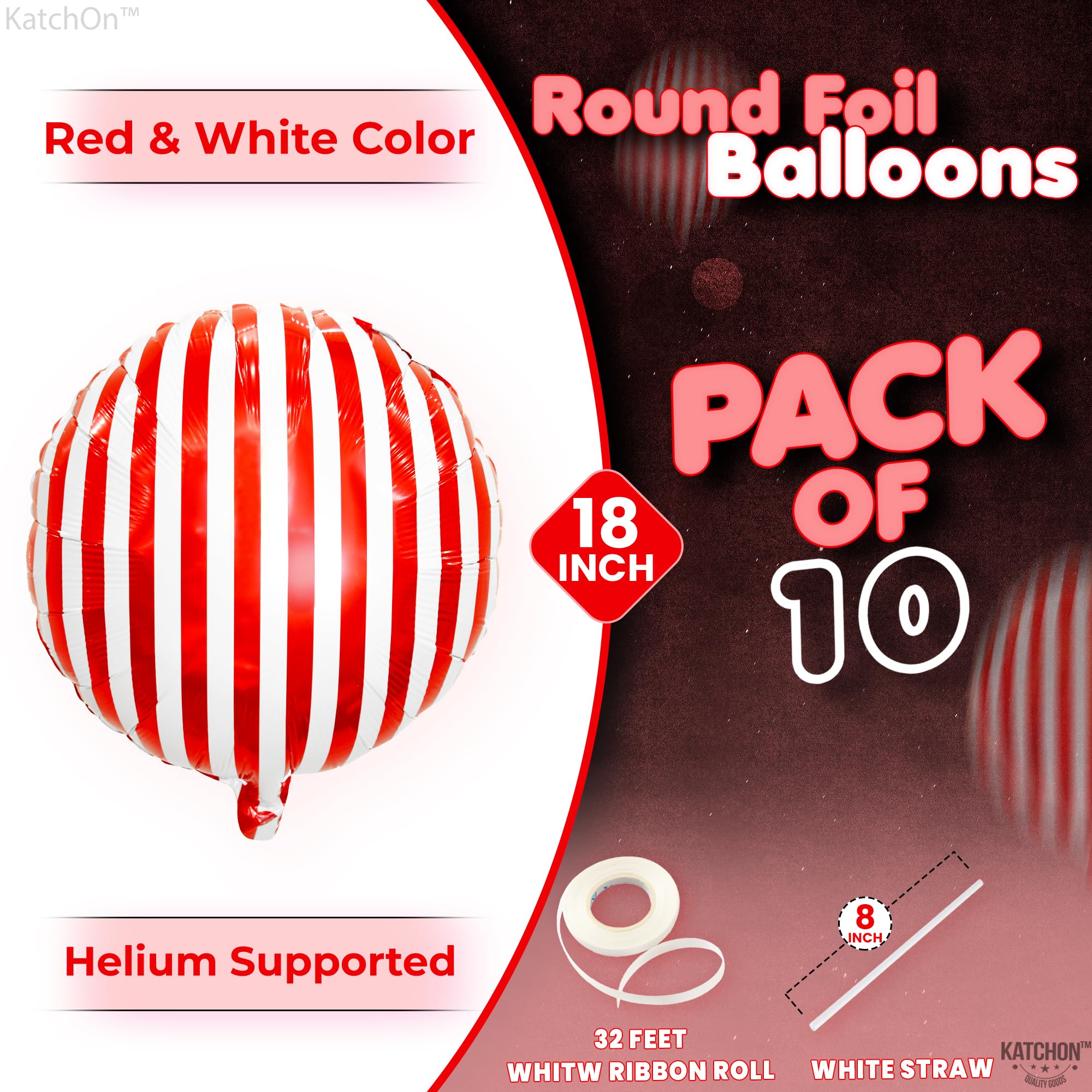 KatchOn, Red and White Striped Balloons - 18 Inch, Pack of 10 | Carnival Balloons for Carnival Decorations | 4D Striped Circus Balloons | Carnival Theme Party Decorations, Red and White Balloons Decor