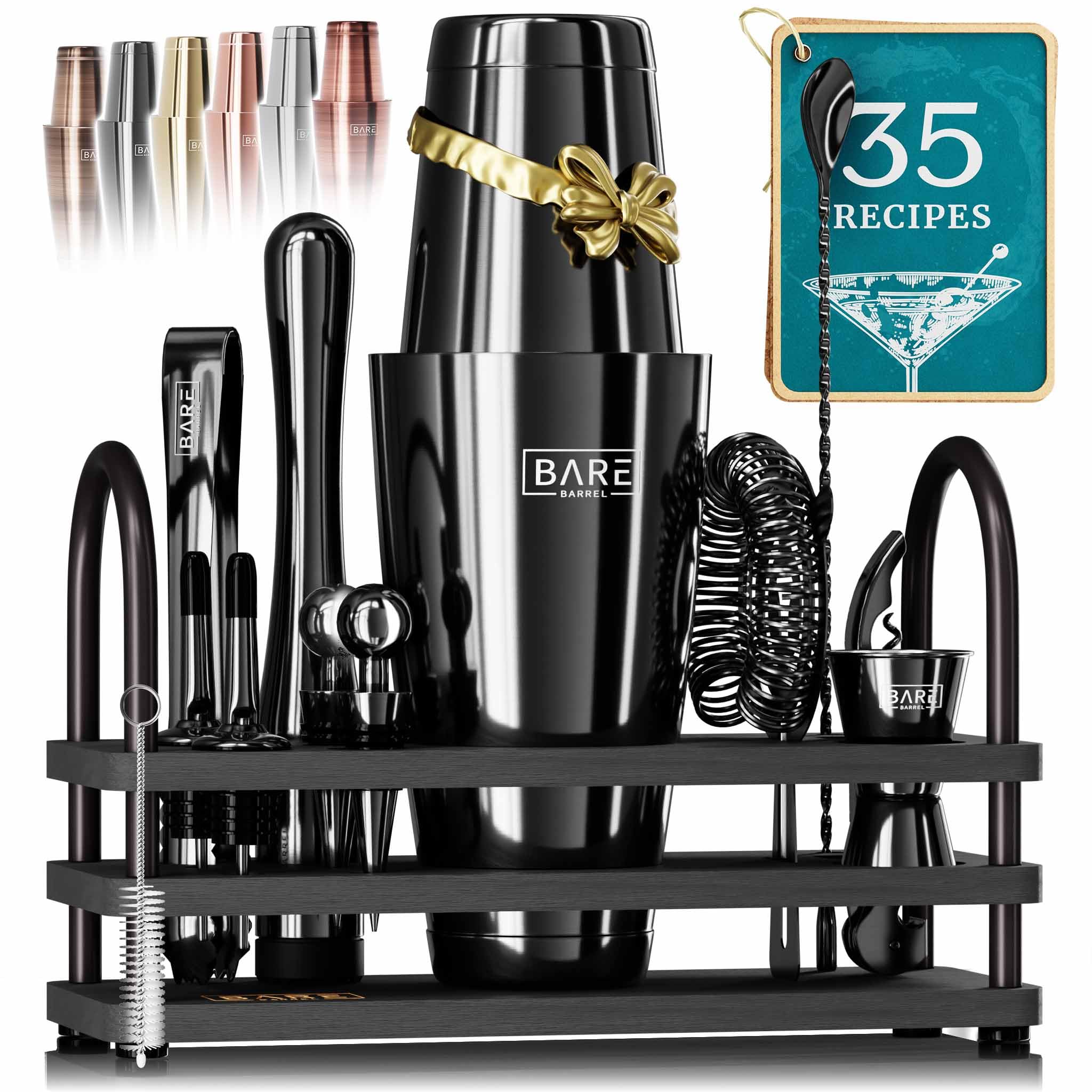 BARE BARREL® Mixology Bartender Kit Bar Set | 14-Piece Cocktail Shaker Set | Martini Barware Mixing Tools for Home Bartending | 35 Recipe Cards | Gift Set (28oz Boston Shaker, Jet Black/Black)