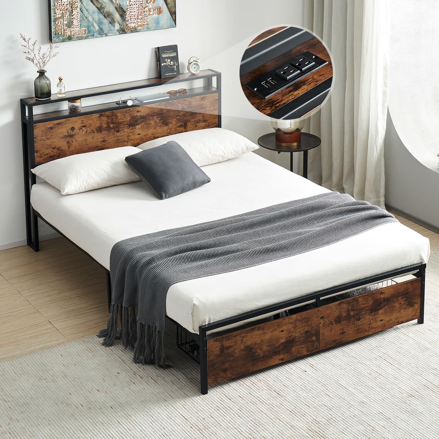 Virabit Bed Frame Full Size with Drawers, Full Platform Bed Frame with Headboard and Power Outlets, No Box Spring Needed, Easy Assemble(Brown).