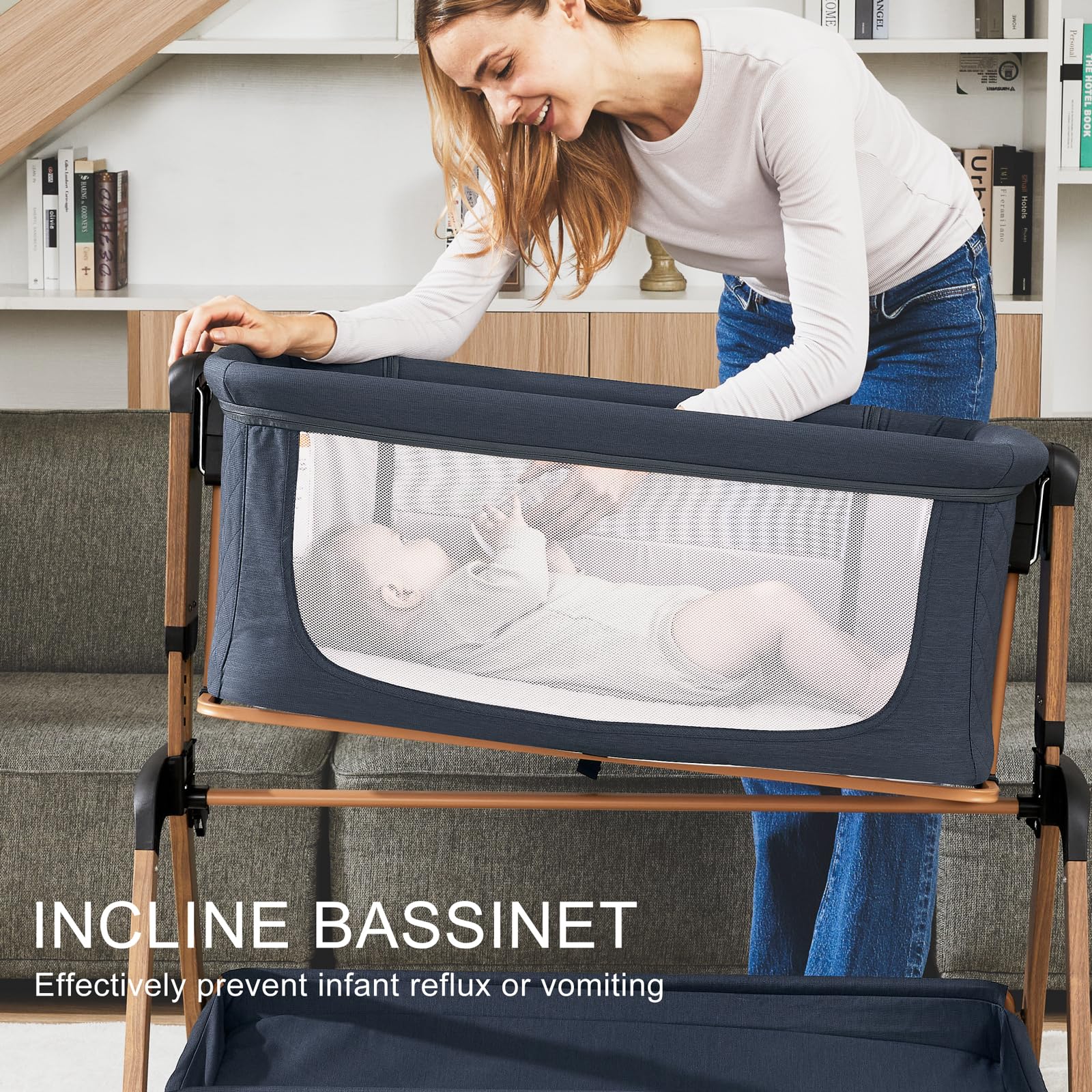 Jimglo 3 in 1 Baby Bassinet, Rocking Bassinets with Comfy Mattress and Wheels, Adjustable Height Bassinet Bedside Sleeper, Easy Folding Portable Crib for Newborn (Navy Blue)