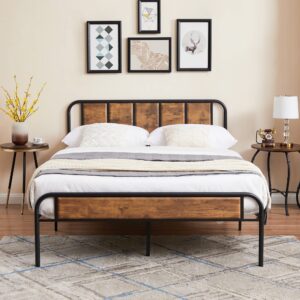 VECELO Queen Bed Frame Metal Platform with Wooden Headboard & Footboard Mattress Foundation Strong Metal Slats Support No Box Spring Replacement/Easy Assemble