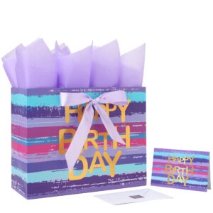 13" large purple-blue multicolor watercolor gift bag set with greeting card and lavender tissue papers (gold foil ‘happy birthday’) for women's or men's birthday party, girls', boys' or kids' party,