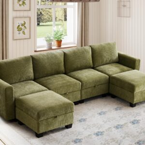 ABCASA 118" Modular Sectional Couches for Living Room, No Compressed No Sagging, 6 Seat Sofa Couch with Storage, Easy to Install - Corduroy Green