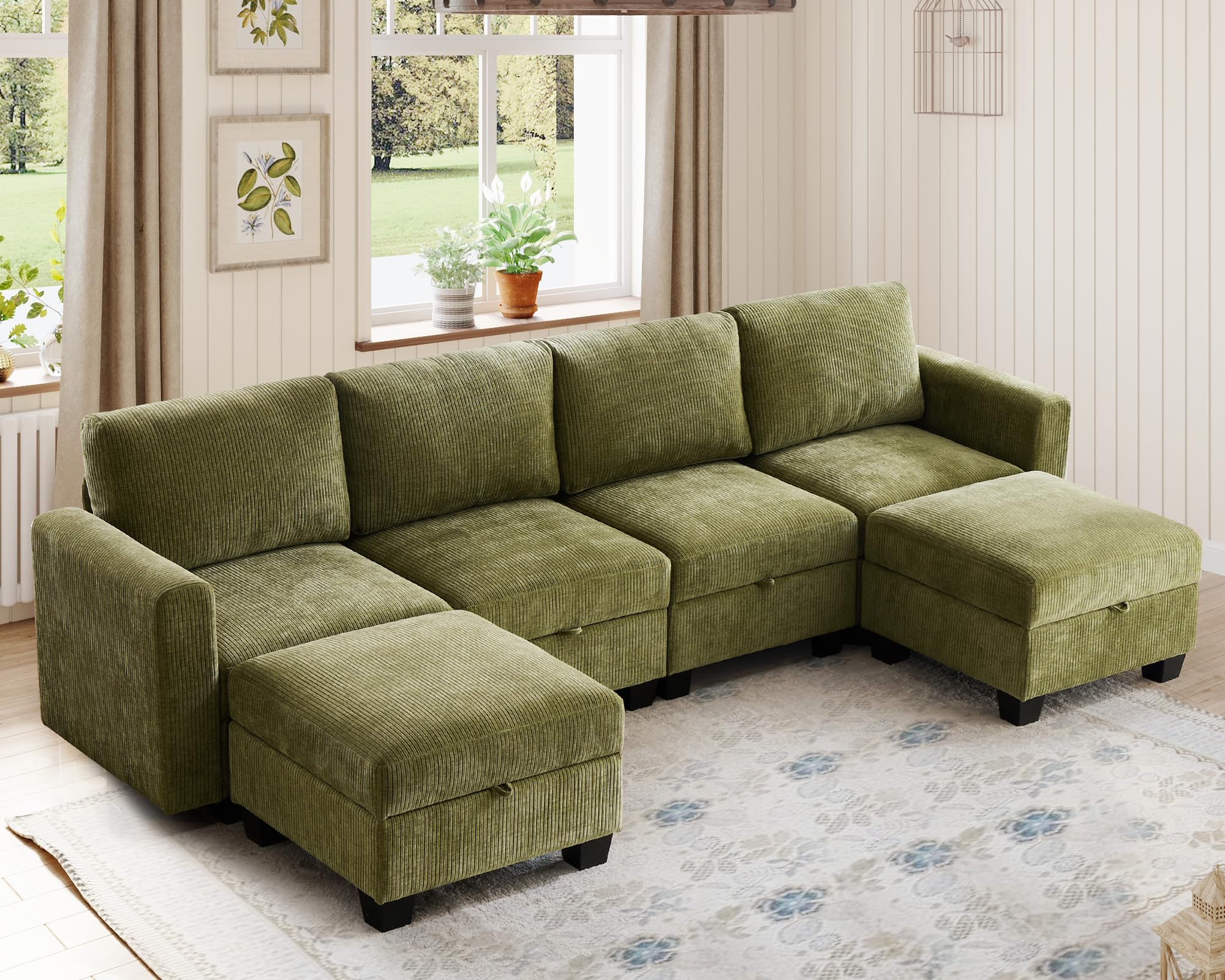 ABCASA 118" Modular Sectional Couches for Living Room, No Compressed No Sagging, 6 Seat Sofa Couch with Storage, Easy to Install - Corduroy Green