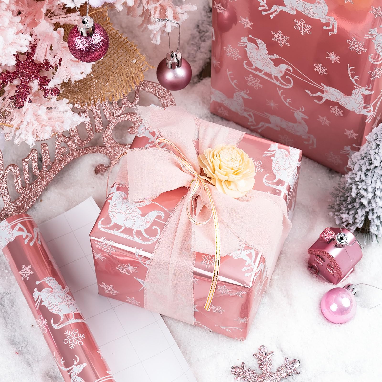 Homeral Pink Christmas Wrapping Paper Roll-46.8 sq.ft. (17in x 33ft) Pink Santa, Sleigh, Reindeer, Snowflake with Metallic Shine for Christmas, New Year Celebration, Party