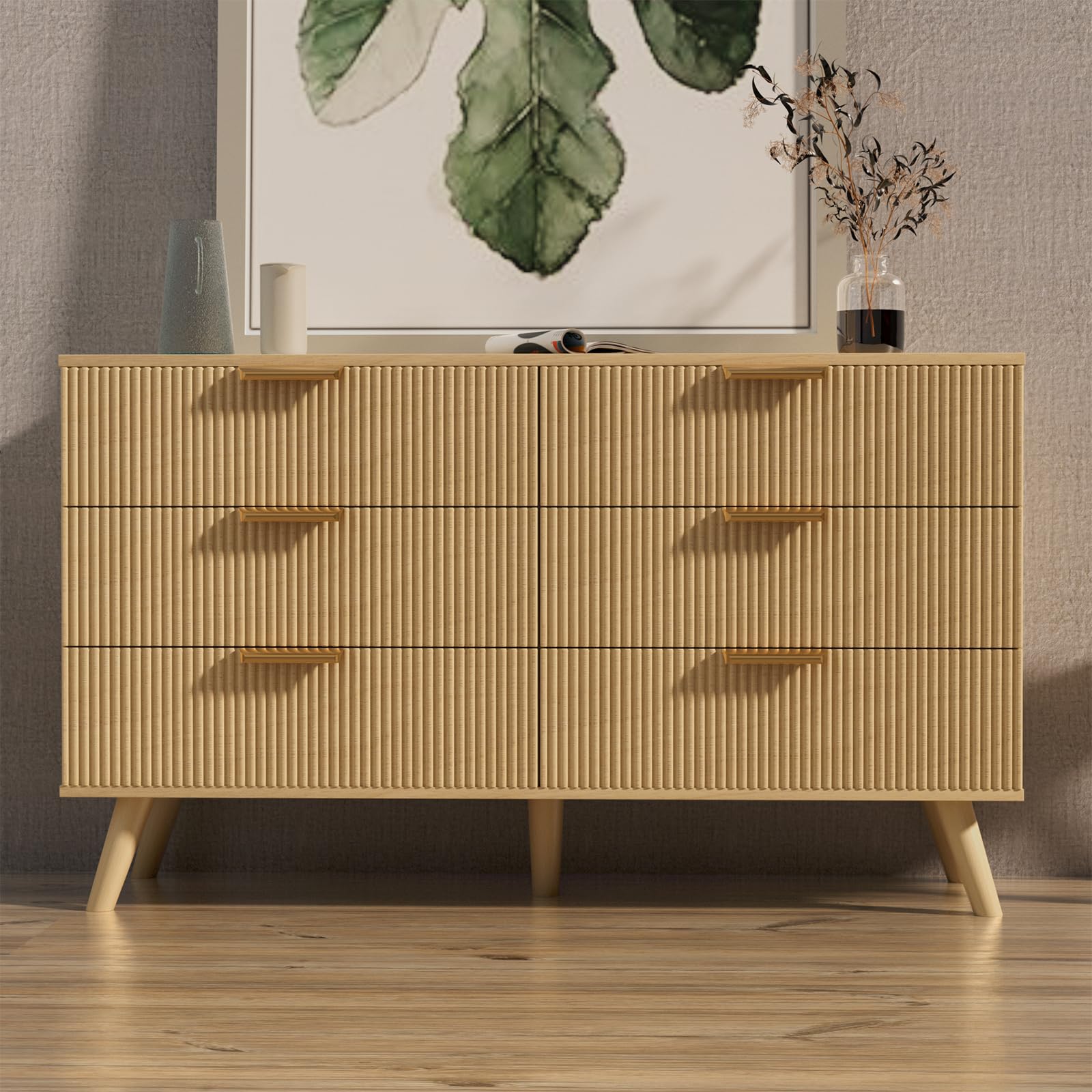 Buenhomino 6 Drawer Dresser for Bedroom, 47" Wide Modern Chest of Drawers with Fluted Design, Dresser TV Stand, Boho Storage Wood Dresser Organizer for Living Room, Hallway, Closet, Entryway Natural