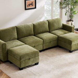 ABCASA 118" Modular Sectional Couches for Living Room, No Compressed No Sagging, 6 Seat Sofa Couch with Storage, Easy to Install - Corduroy Green