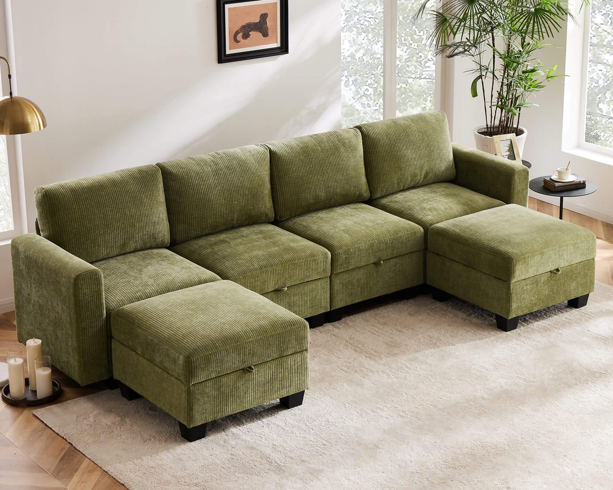 ABCASA 118" Modular Sectional Couches for Living Room, No Compressed No Sagging, 6 Seat Sofa Couch with Storage, Easy to Install - Corduroy Green