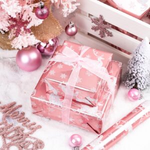 Homeral Pink Christmas Wrapping Paper Roll-46.8 sq.ft. (17in x 33ft) Pink Santa, Sleigh, Reindeer, Snowflake with Metallic Shine for Christmas, New Year Celebration, Party