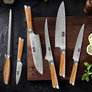 HOSHANHO Knife Set with Block 7-Piece, Professional 67-layer Damascus Super Steel Kitchen Knife Sets for Cooking, Ultra Sharp Knife Set with Sharpener