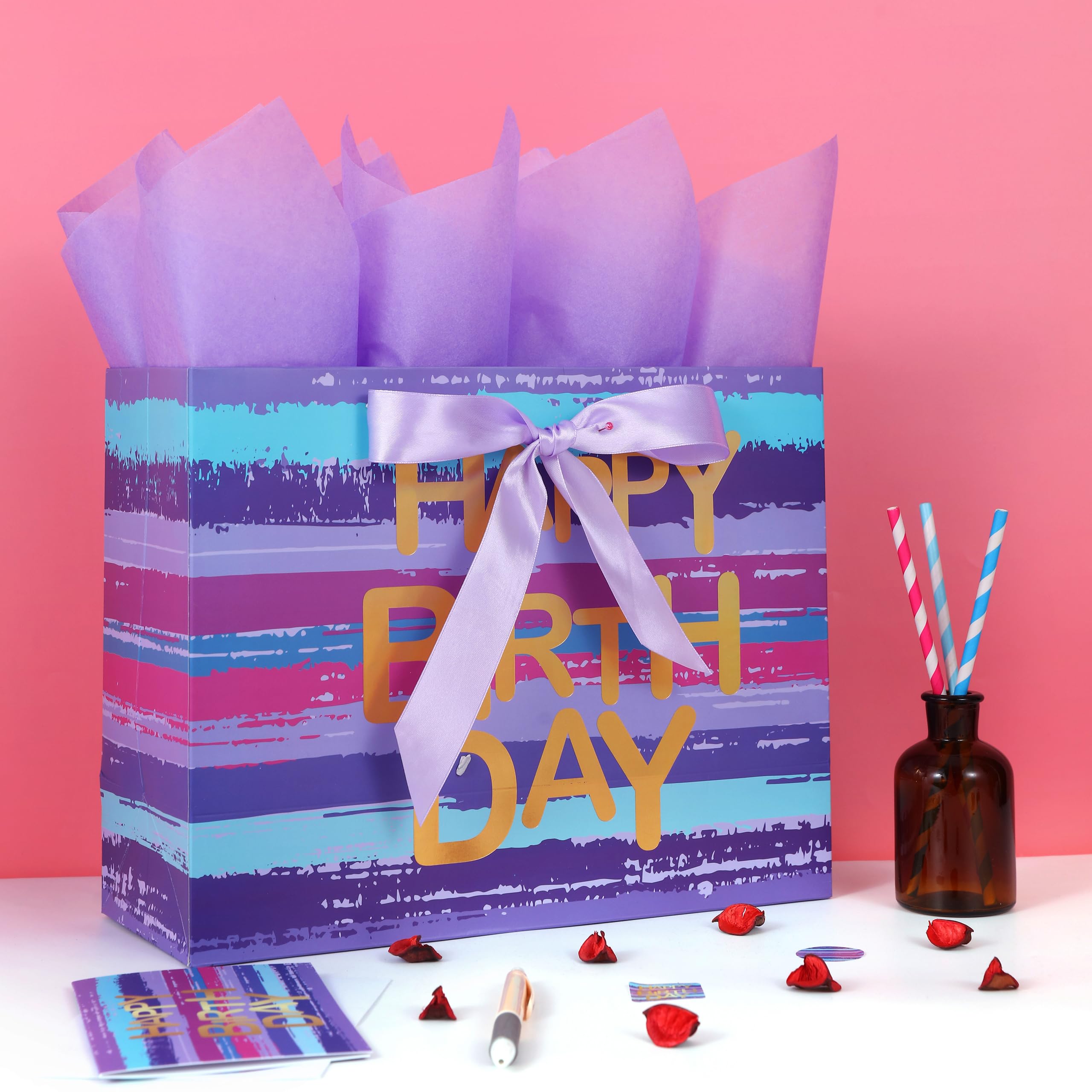 13" Large Purple-blue Multicolor Watercolor Gift Bag Set with Greeting Card and Lavender Tissue Papers (Gold Foil ‘Happy Birthday’) for Women's or Men's Birthday Party, Girls', Boys' or Kids' Party,