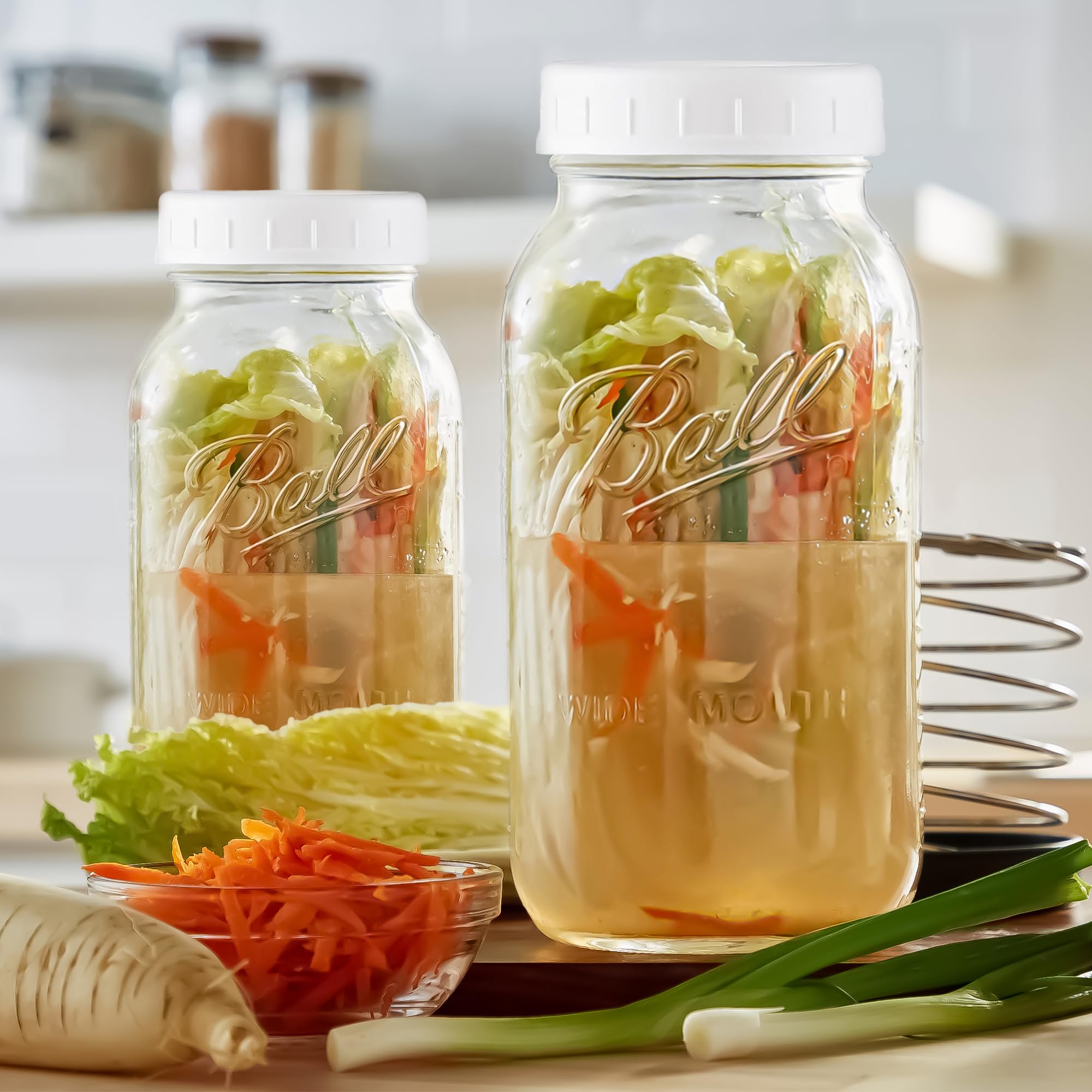 Wide Mouth Mason Jars 64 oz - (2 Pack) - Ball Wide Mouth 64-Ounces Half Gallon Mason Jars with White M.E.M Food Storage Plastic Lid. For Storage, Freezing, Leak Proof, Microwave & Diswasher Safe