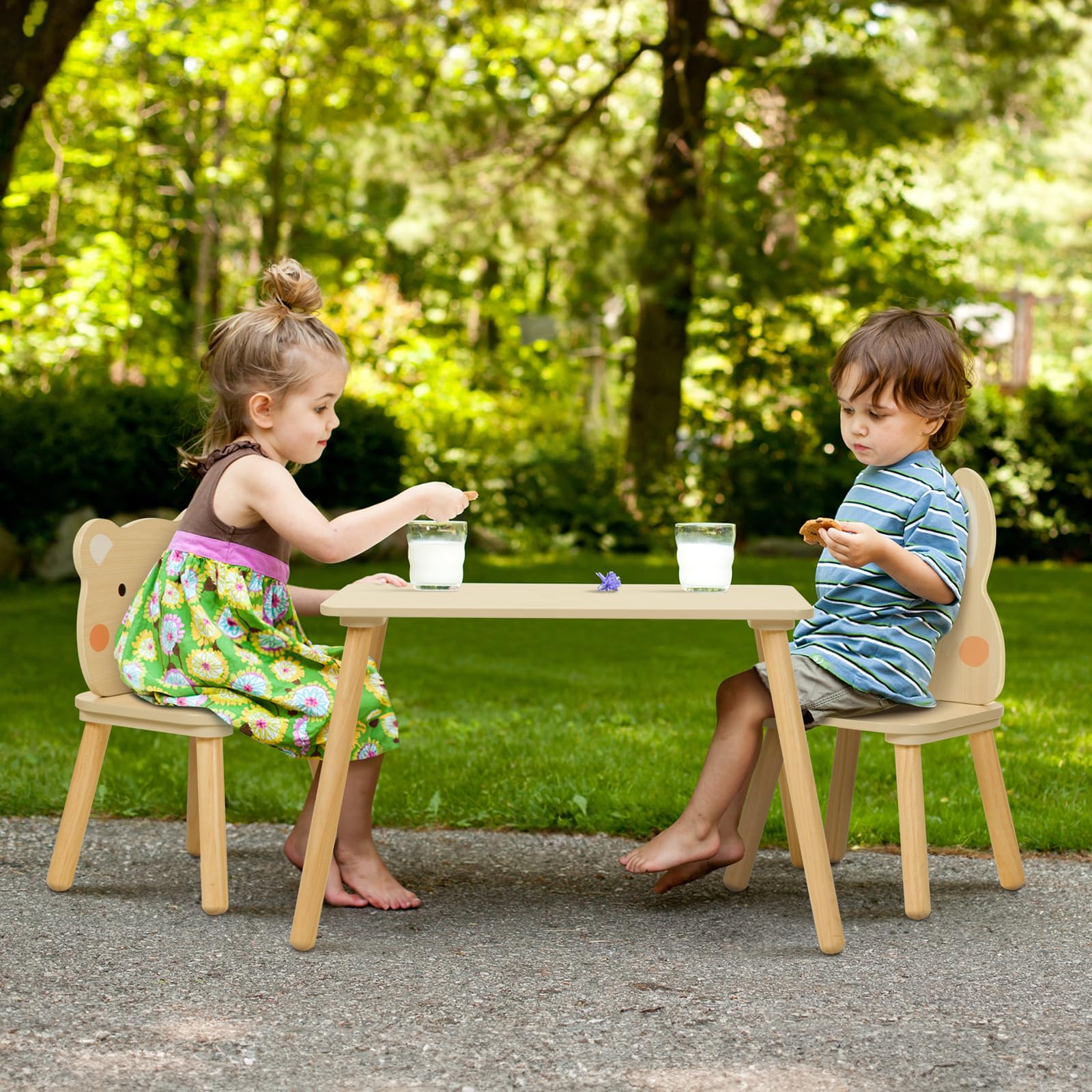 OOOK Wooden Kids Table and Chair Set, Waterproof Desktop Adorable Toddler Table Chairs Set with 2 Animal Chairs