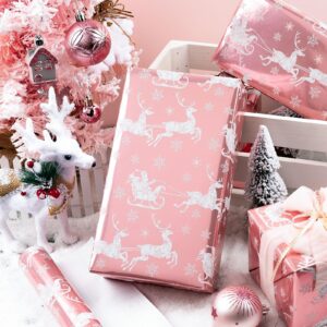 Homeral Pink Christmas Wrapping Paper Roll-46.8 sq.ft. (17in x 33ft) Pink Santa, Sleigh, Reindeer, Snowflake with Metallic Shine for Christmas, New Year Celebration, Party